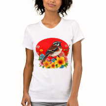 Kleurrijke vogel neergestreken tussen bloemen