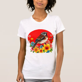 Kleurrijke vogel neergestreken tussen bloemen t-shirt