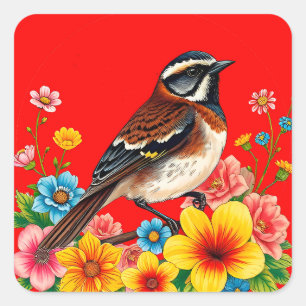 Kleurrijke vogel neergestreken tussen bloemen vierkante sticker