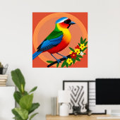 Kleurrijke vogel neergestreken tussen levendige bl poster (Thuiskantoor)
