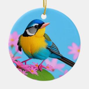 Kleurrijke vogel op bloeiende tak keramisch ornament