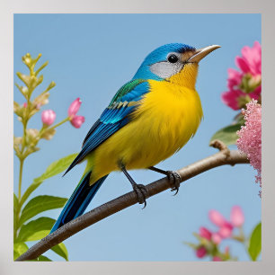 Kleurrijke vogel op bloeiende tak poster