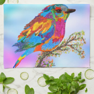 Kleurrijke Vogel op een Tak 1/2 Vouw Keuken Handdo Theedoek