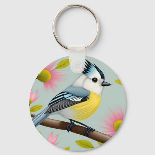 Kleurrijke vogel op tak omlijst met bloemen sleutelhanger