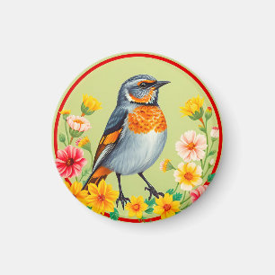 Kleurrijke vogel te midden van bloeiende bloemen magneet