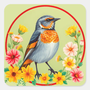 Kleurrijke vogel te midden van bloeiende bloemen vierkante sticker