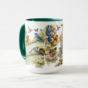 Kleurrijke Vogel Tuin Bloemschilderkunst Combo Kof Mok