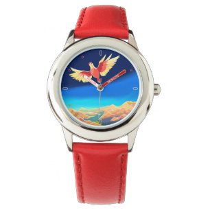 Kleurrijke vogel vliegend boven de bergen horloge