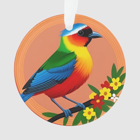 Kleurrijke vogel zit tussen levendige bloemen ornament (voorkant)