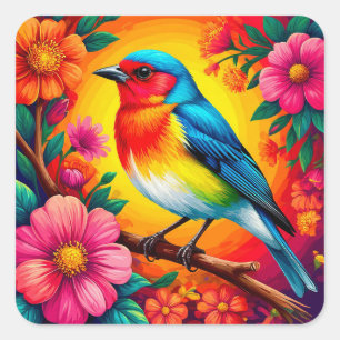 Kleurrijke vogel zit tussen levendige bloemen vierkante sticker