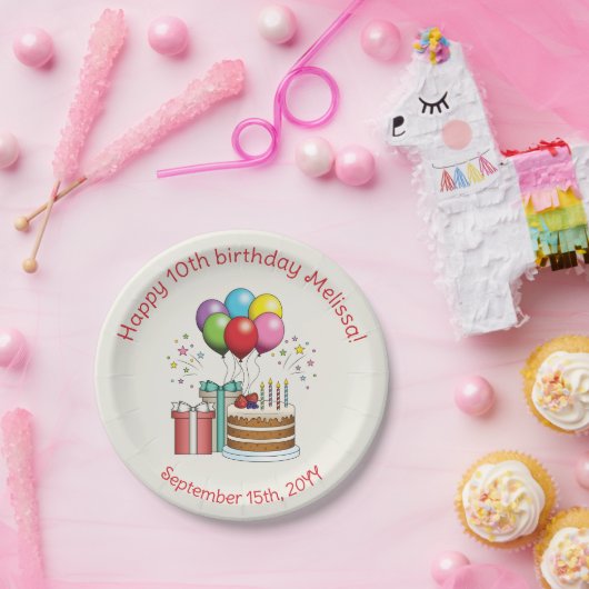 Kleurrijke vogelballonnen met taart en Cadeaus Papieren Bordje (Feest)