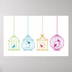 Kleurrijke vogelkooien met schattige vogels poster