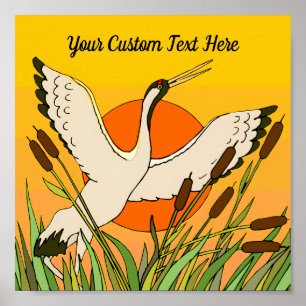 Kleurrijke vogelkunst cattails zonsondergang sky u poster