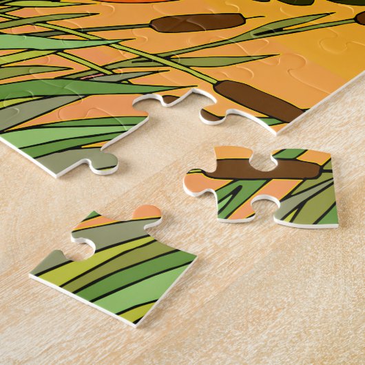 Kleurrijke vogelkunst met cattails en zonnehemel legpuzzel (Zijkant)