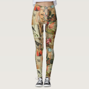 Kleurrijke Vogels Antieke Krant Natuur Collage Leggings