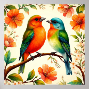 Kleurrijke Vogels Bloeien Kunst voor Opgewekte Hui Poster