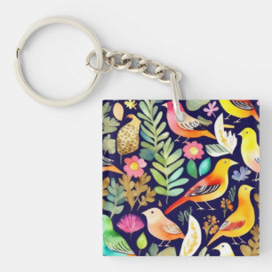 Kleurrijke vogels bloemenpatroon blauw decor sleutelhanger