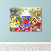 Kleurrijke vogels en bloederige bloederige tuin canvas afdruk (Insitu (Houten vloer))