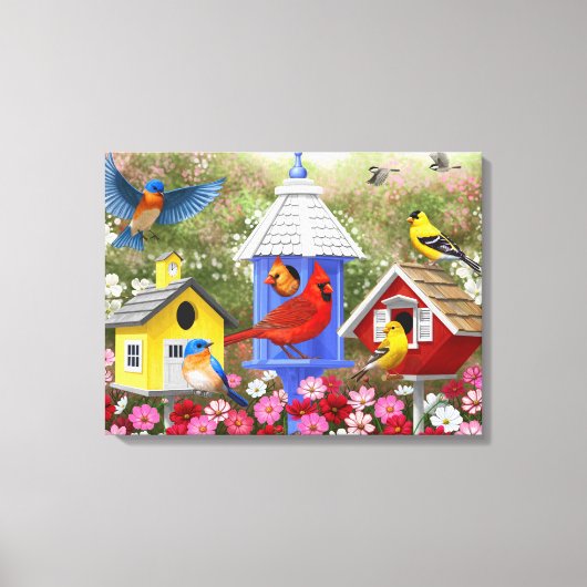 Kleurrijke vogels en bloederige bloederige tuin canvas afdruk (Voorkant)