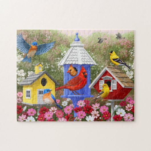 Kleurrijke vogels en bloederige bloederige tuin legpuzzel (Horizontaal)