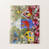 Kleurrijke vogels en bloederige bloederige tuin legpuzzel (Verticaal)