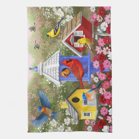 Kleurrijke vogels en bloederige bloederige tuin theedoek (Verticaal)