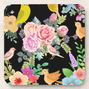 Kleurrijke Vogels en Bloemen Kunst op Zwart Bier Onderzetter