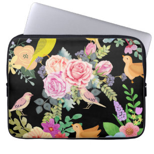 Kleurrijke Vogels en Bloemen Kunst op Zwart Laptop Sleeve