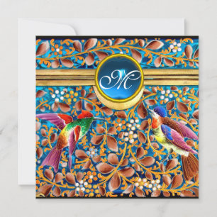 KLEURRIJKE VOGELS EN BLOEMENKRANSEN BLAUWE EDELSTE KAART