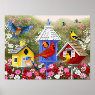 Kleurrijke vogels en vogelhuisjes bloementuin poster