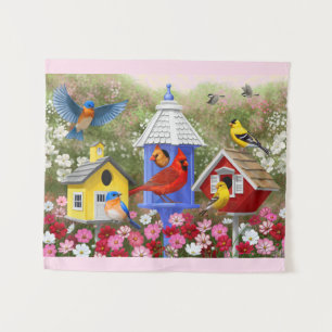 Kleurrijke vogels en vogelhuizen wandkleed