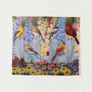 Kleurrijke vogels in de bloementeelt wandkleed