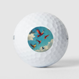 Kleurrijke vogels in een blauwe lucht golfballen