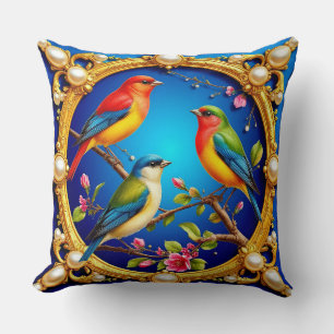 Kleurrijke vogels in een sierlijk gouden frame kussen