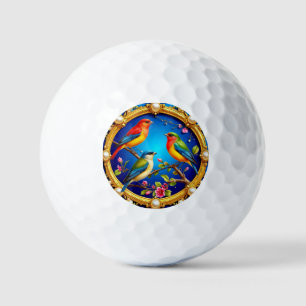 Kleurrijke vogels in een sierlijke gouden lijst golfballen