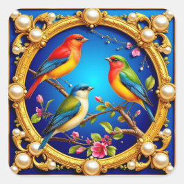 Kleurrijke vogels in  Gouden Lijst Vierkante Sticker