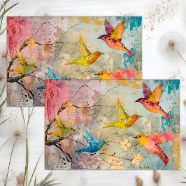 KLEURRIJKE VOGELS IN VLUCHT MIXED MEDIA DECOUPAGE TISSUEPAPIER