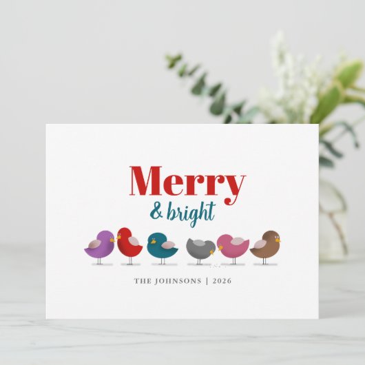 Kleurrijke Vogels Kerst Merry and Bright Feestdagenkaart (Staand voorkant)