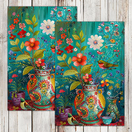 KLEURRIJKE VOGELS MET BLOEMEN IN VAAS DECOUPAGE TISSUEPAPIER