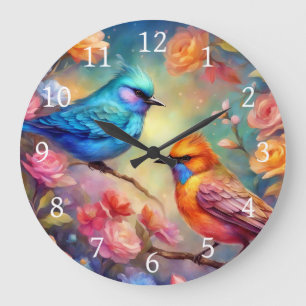 Kleurrijke Vogels op Branch Pink Rose Blue Bird 99 Grote Klok