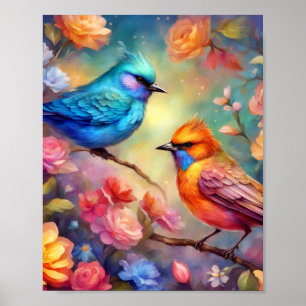 Kleurrijke Vogels op Branch Pink Rose Blue Bird 99 Poster