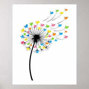 Kleurrijke vogels vliegen paardenbloem stroom poster