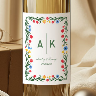 Kleurrijke volks kunst wilde bloem monogram bruilo wijn etiket