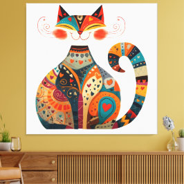 Kleurrijke Volkskunst Kat Canvas Afdruk