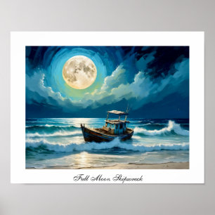 Kleurrijke Volle Maan Oude Scheepswrak Seashore Poster