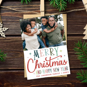 Kleurrijke vrolijke kerstfoto typografie feestdagenkaart