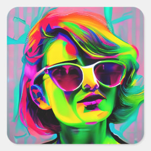 Kleurrijke Vrouw in Zonnebril Moderne Kunst Vierkante Sticker