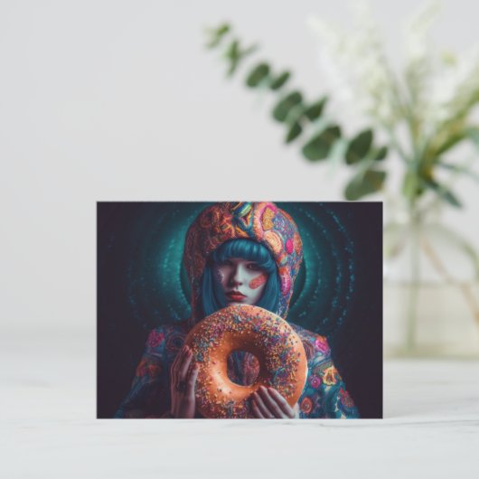 Kleurrijke vrouw met een donut briefkaart (Staand voorkant)