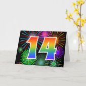 Kleurrijke Vuurwerk + Regenboog Patroon "14" Evene Kaart (Gele Bloem)