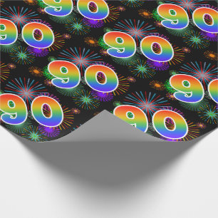 Kleurrijke Vuurwerk + Regenboog Patroon "90" Evene Cadeaupapier